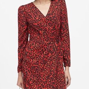 Banana Republic Red & Black Leopard Print Puff Sleeve Tie Front Midi Dress Sz 4